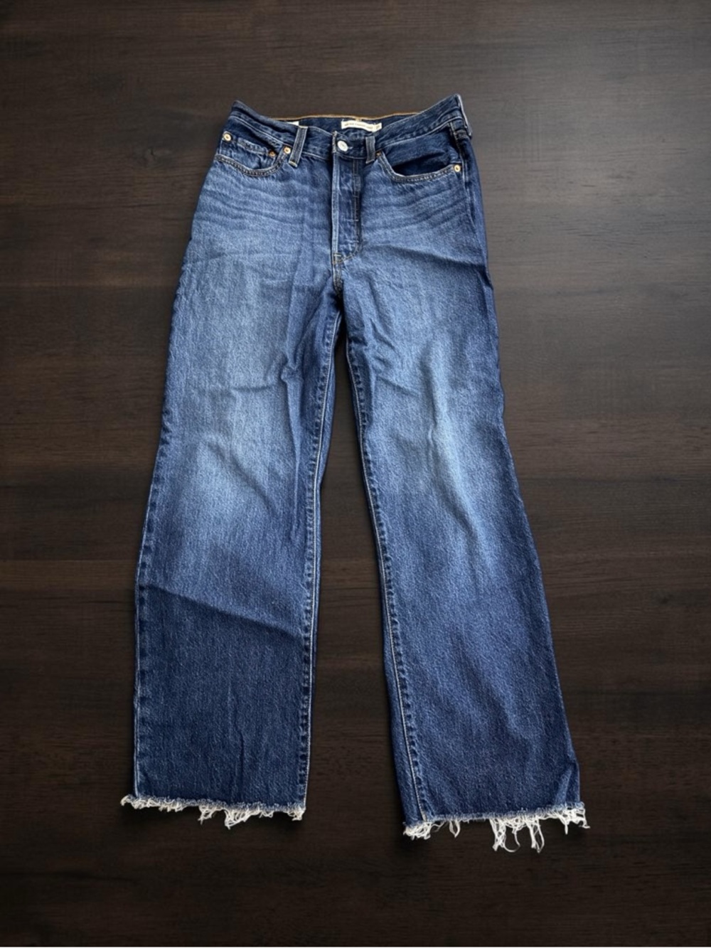LEVI’S RIBCAGE STRAIGHT LEG ANKLE LENGTH FRAYED HEM DARK BLUE ULTRA HIGH RISE 27